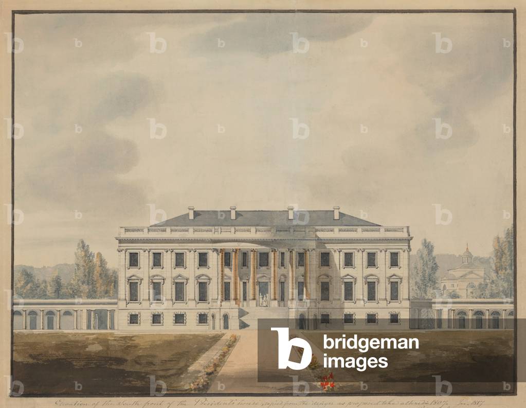 The White House in 1817. View of the South Portico in a proposed renovation by Benjamin Latrobe