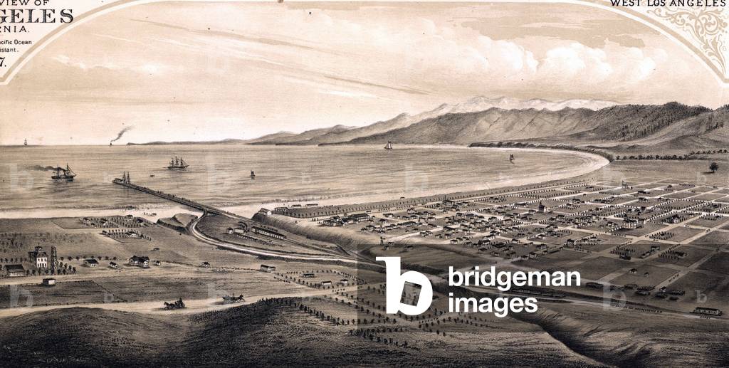 View of Los Angeles, California. Santa Monica, looking south to the Pacific Ocean and Santa Monica Mountains, and Seaport. 1877