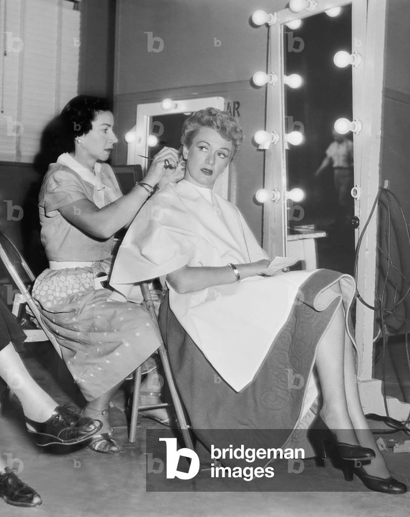 GOODBYE, MY FANCY, from left: hairdresser Gertrude Wheeler, Eve Arden on set, 1951