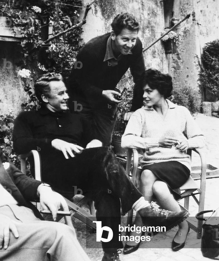 THE ENEMY GENERAL, from left: Van Johnson, Jean-Pierre Aumont, Francoise Prevost on set, 1960