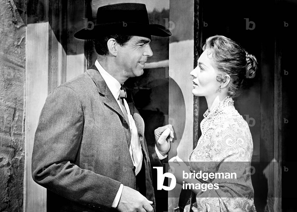 DAY OF THE BADMAN, from left, Fred MacMurray,  Joan Weldon, 1958