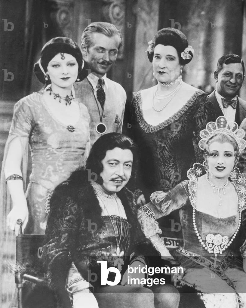 DON JUAN, front from left: Warner Oland, Estelle Taylor, rear from left: Myrna Loy, director Alan Crosland, Emily Fitzroy on set, 1926