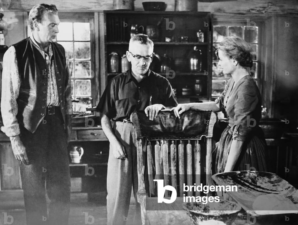 FRIENDLY PERSUASION, from left: Gary Cooper, director William Wyler, dorothy McGuire on set, 1956