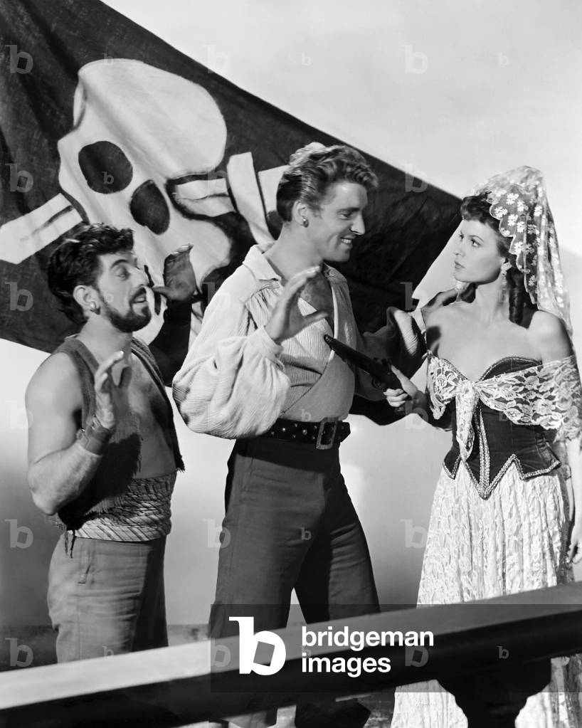 THE CRIMSON PIRATE, from left: Nick Cravat, Burt Lancaster, Eva Bartok, 1952