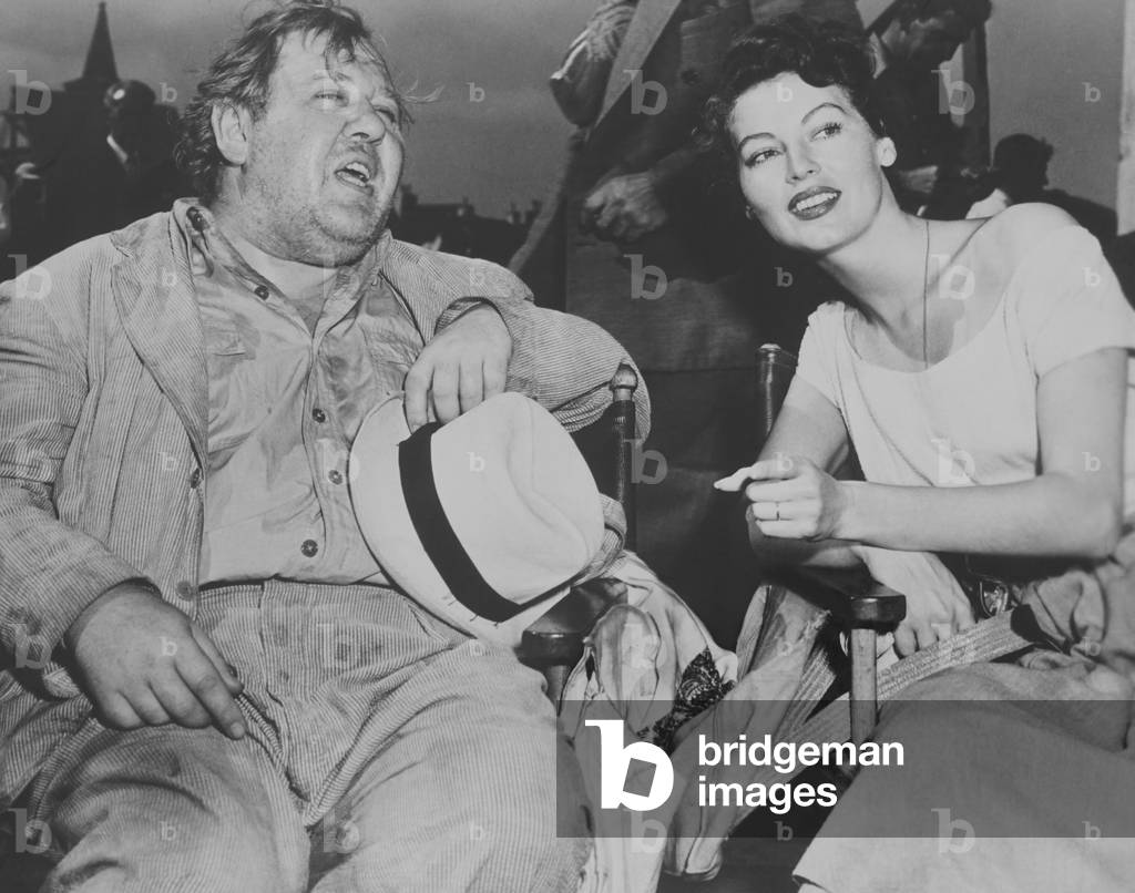 THE BRIBE, from left: Charles Laughton, Ava Gardner on set, 1949