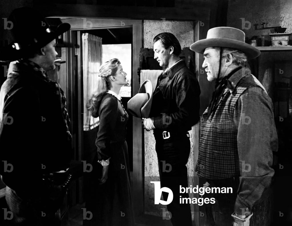BLOOD ON THE MOON, from left, Tom Tully,  Barbara Bel Geddes, Robert Mitchum, Bud Osborne, 1948