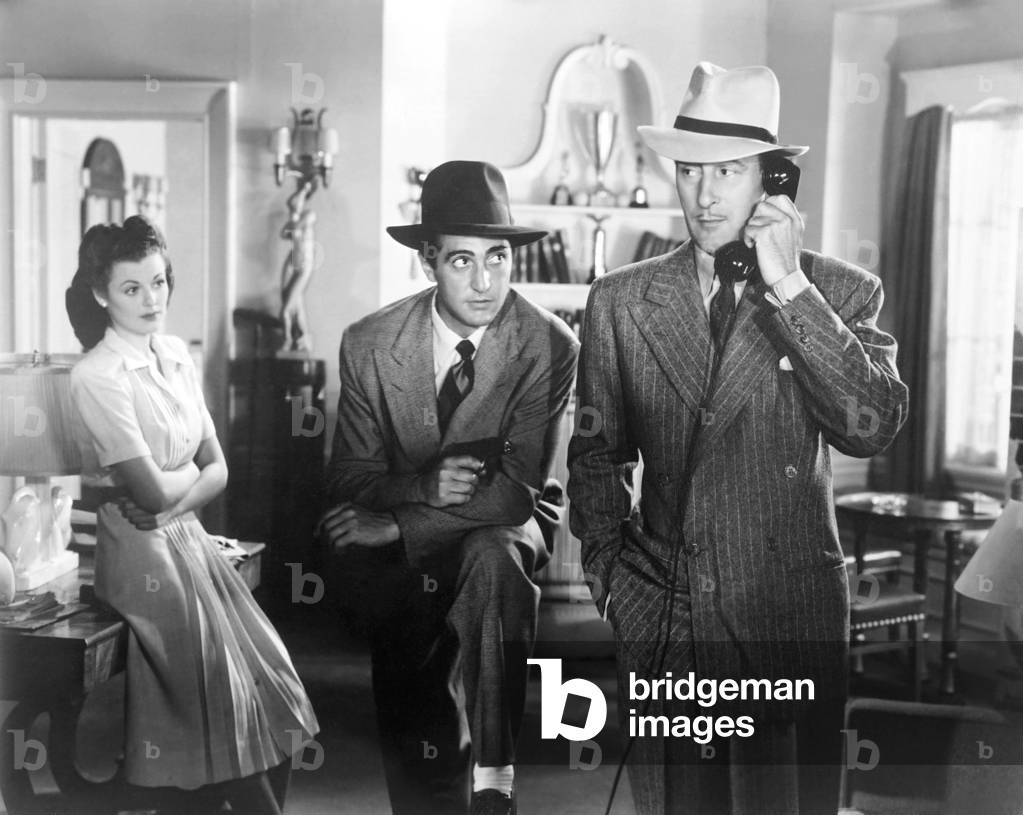 THE FALCON IN HOLLYWOOD, from left: Barbara Hale, Sheldon Leonard, Tom Conway, 1944