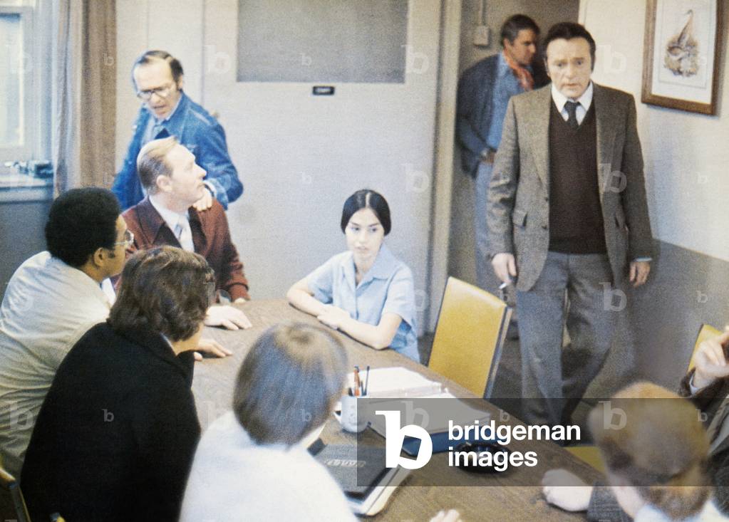 EQUUS, director Sidney Lumet (standing left), Richard Burton (standing right) in rehearsal, 1977