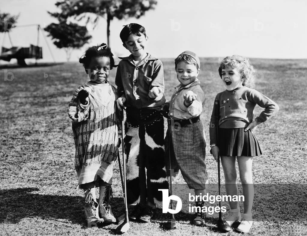 DIVOT DIGGERS, from left: Billie 'Buckwheat' Thomas, Carl 'Alfalfa' Switzer, Spanky McFarland, Darla Hood, 1936