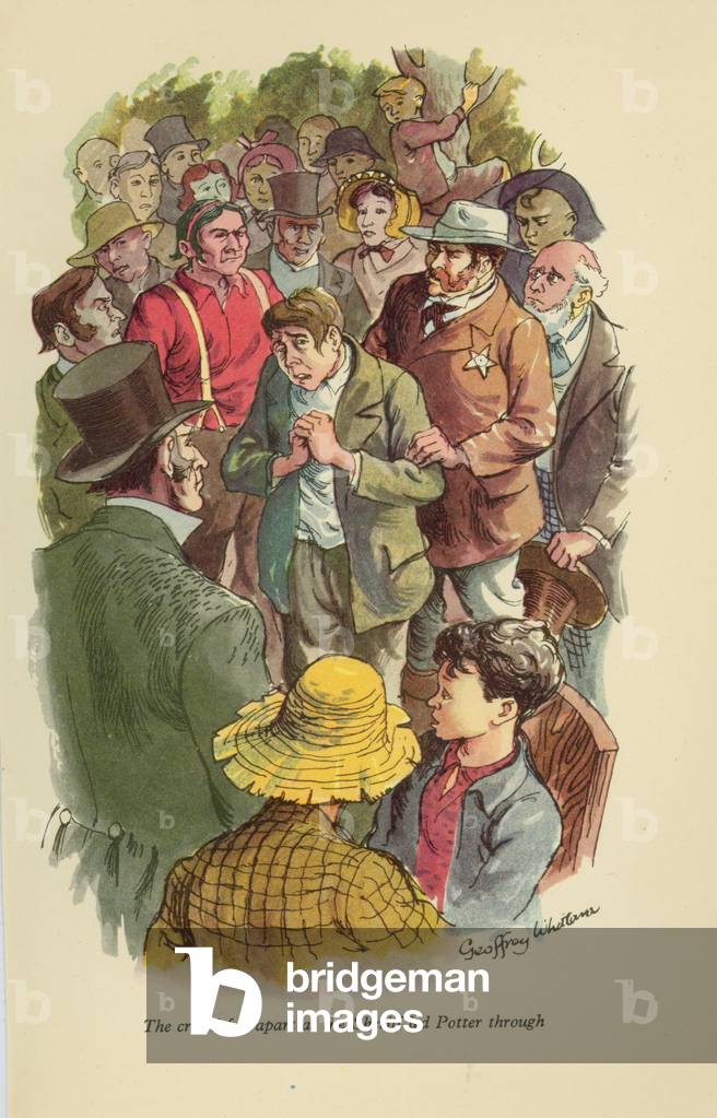 'The crowd fell apart as the Sheriff led Potter through', illustration from 'The Adventures of Tom Sawyer' by Mark Twain (1835-1910) (colour litho)
