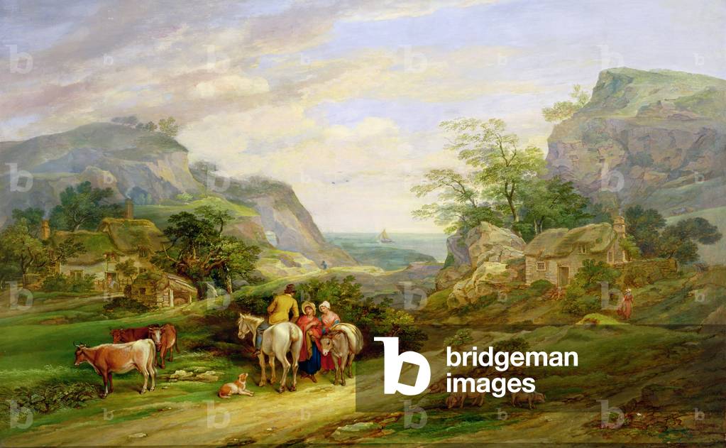 Bild von Gemälde "landschaft mit figuren und rinder (öl auf leinwand)", 19. Jahrhundert von James Leakey