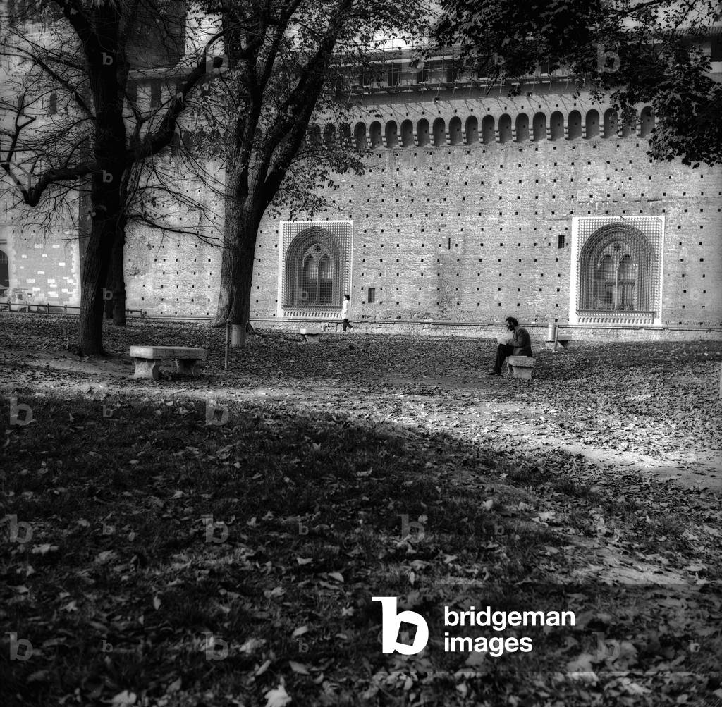 Exterior of the Castello Sforzesco, Milan (b/w photo)
