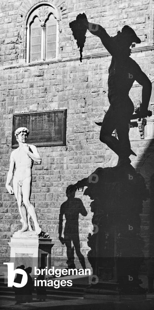 Copy of Michelangelo's David and Perseus of Cellini in shadow, Piazza della Signoria, Florence