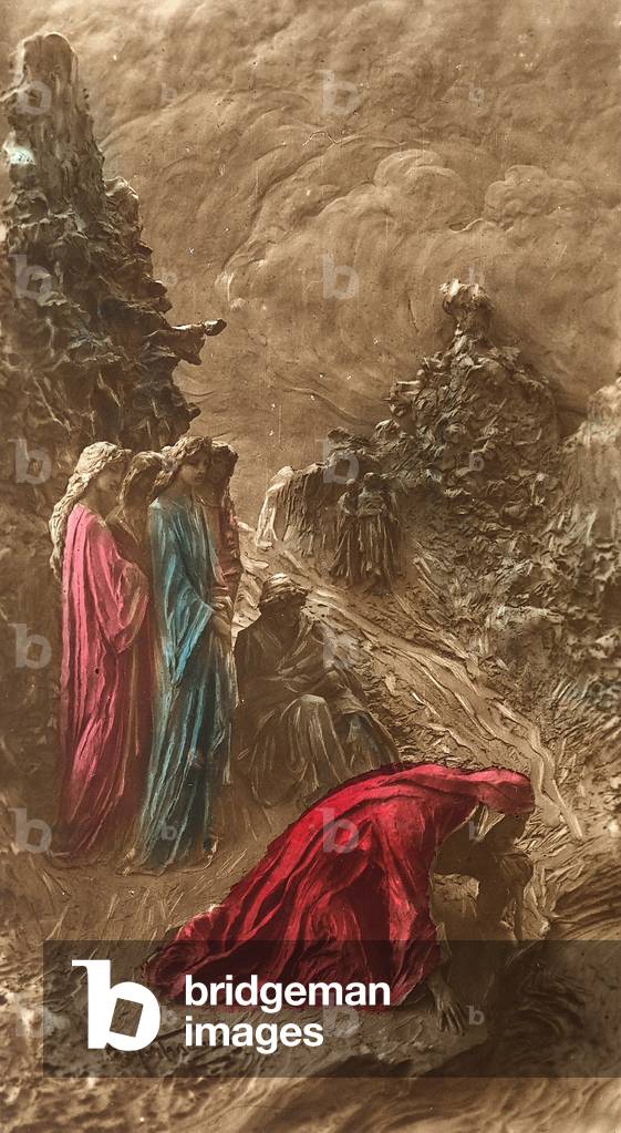 Dante drinks from the river Lethe; behing him, Beatrice and other feminine figures. Sculpture by Mastroianni depicting an episode from the Canto XXXI in the Purgatorio of The Divine Comedy.