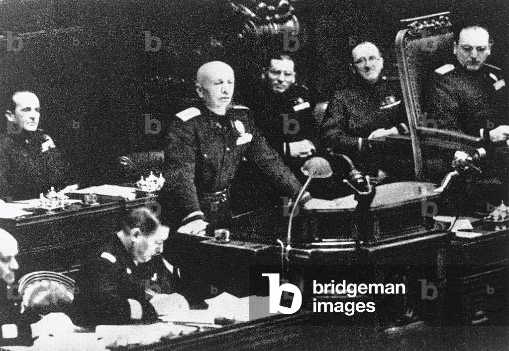 Benito Mussolini presiding over a meeting of the Council of Ministers (b/w photo)