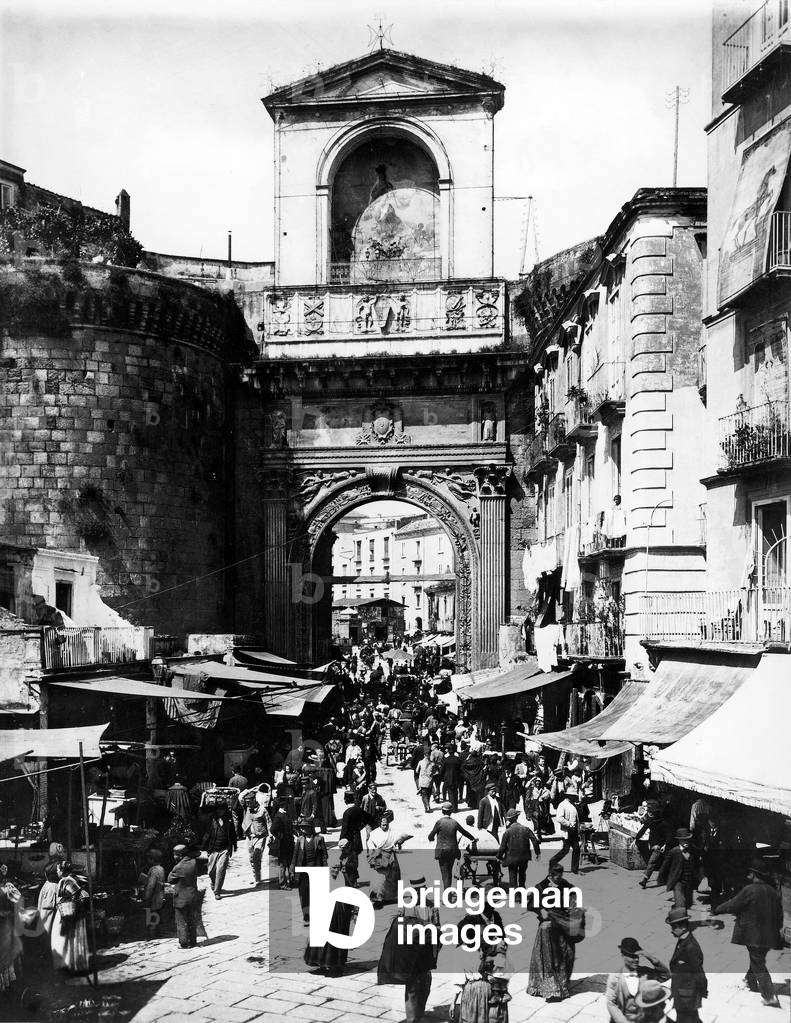 Porta Capuana, and Piazza San Francesco on market day, in Naples
