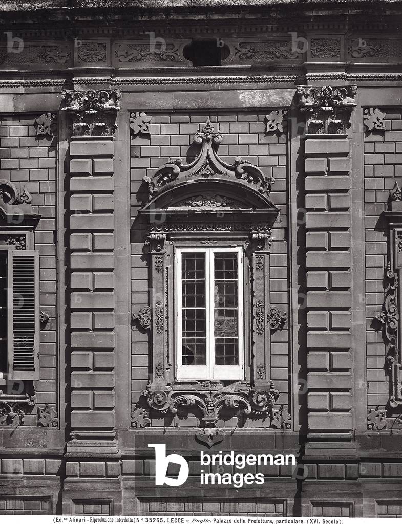 A window on the façade of the Palazzo del Governo, or Town Hall (also the Prefecture building), in Lecce, Apulia