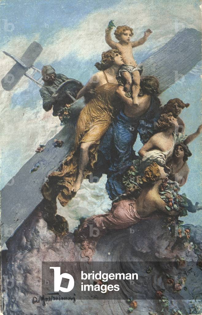 The image shows Towards the Future: a few female figures embrace a young man; behind them, an airplane and pilot; work of the sculptor Mastoianni.