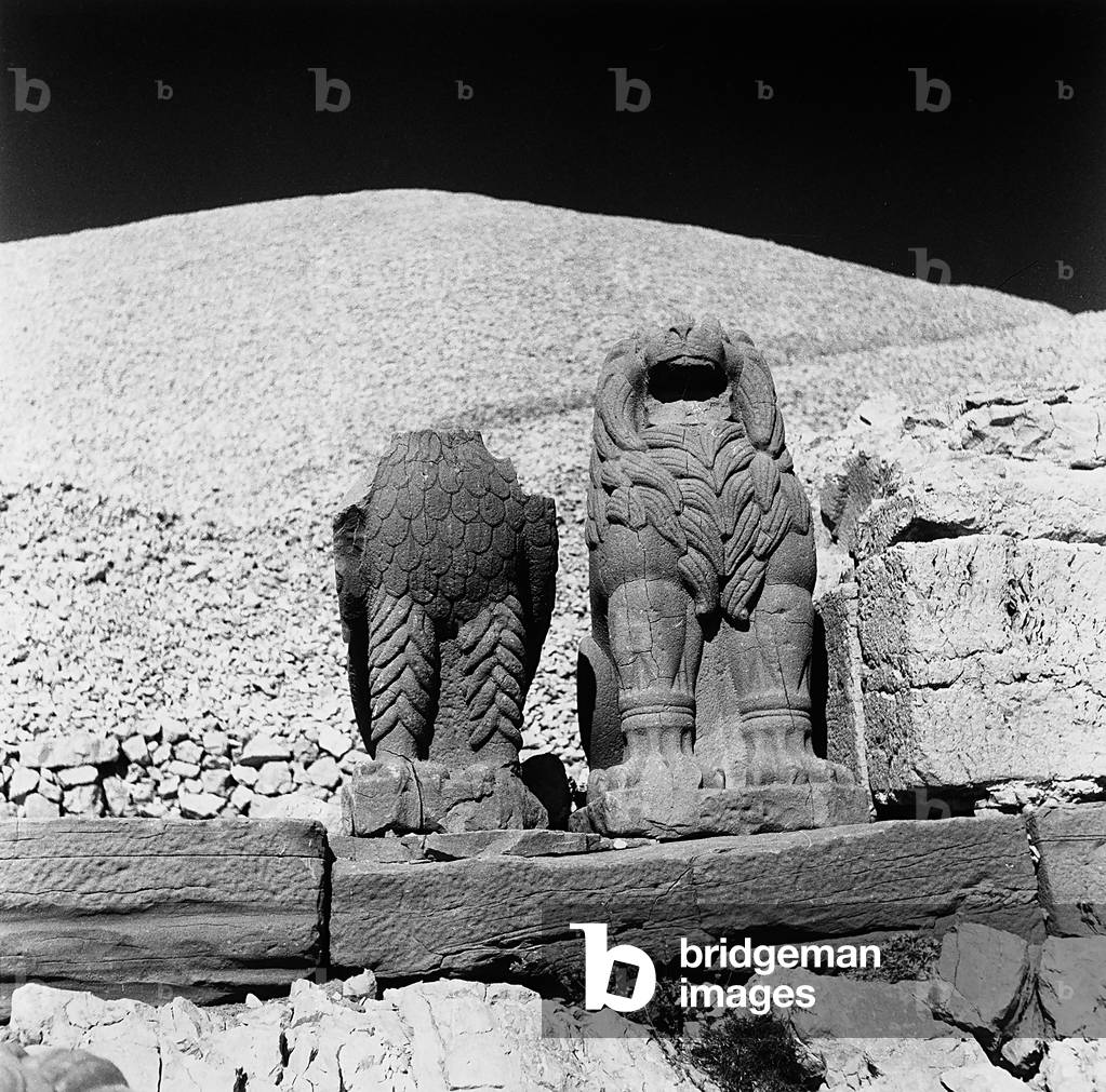 Statue of a lion and an eagle (missing its head), part of the remains of the Temple of Antiochus I, on the summit of Nemrut Dagi