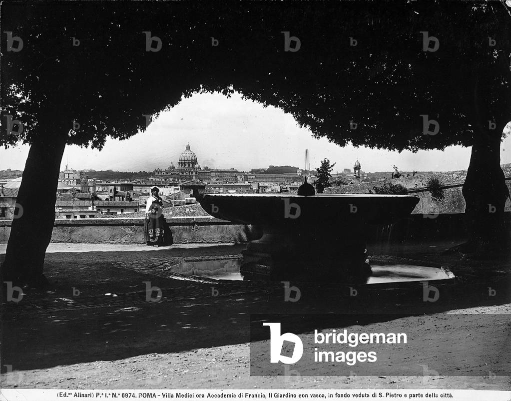 View of Rome from Villa Medici. A woman is posing by a fountain in the foreground.