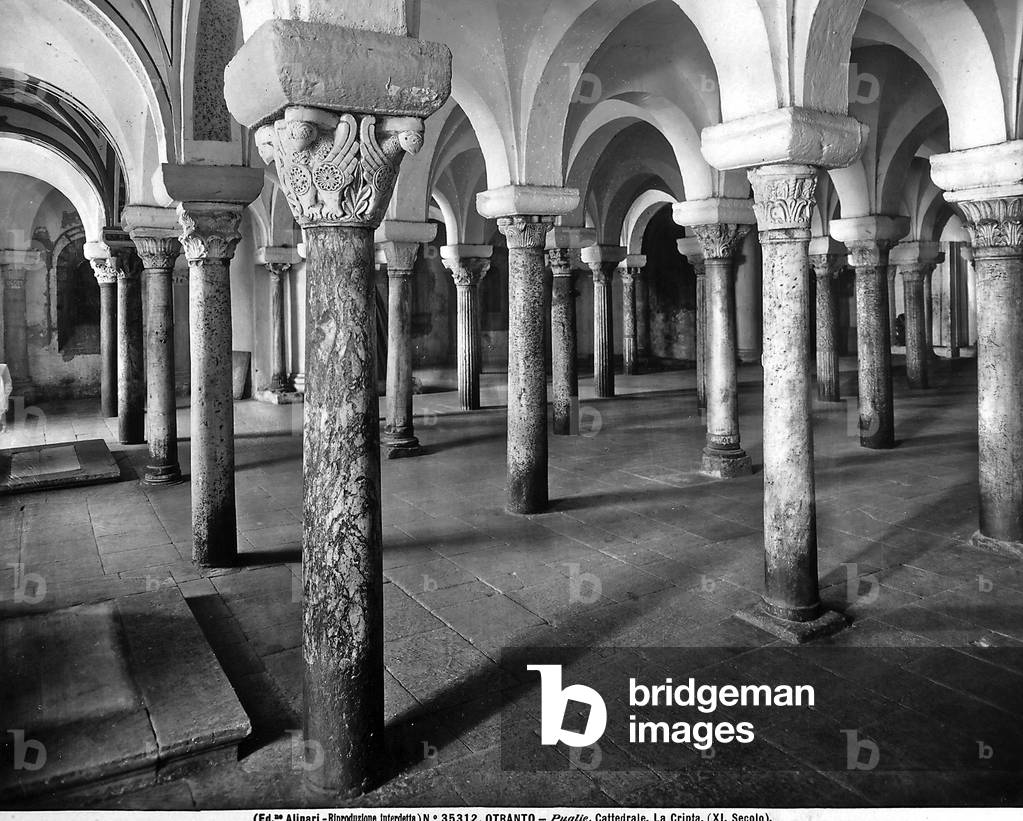 Partial view of the crypt with columns in veined marble and two capitals decorated with fantastic animals; Cathedral of Otranto, Apulia.