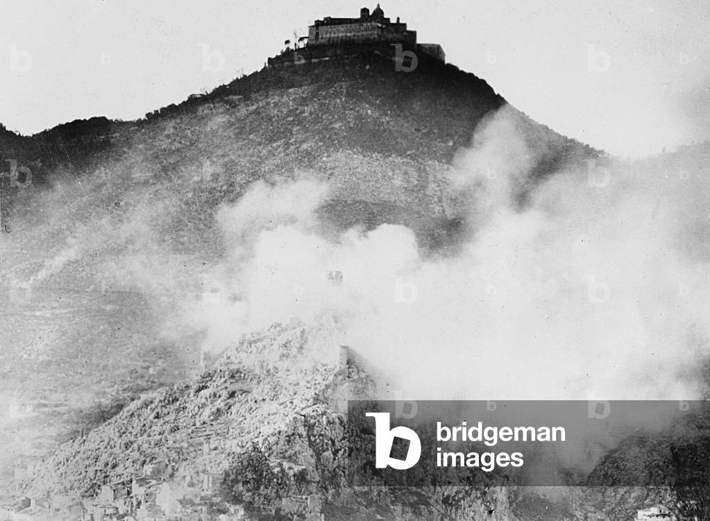 The Abbey of Montecassino bombed by Allied forces after the landing at Anzio, 06/02/1944 (b/w photo)