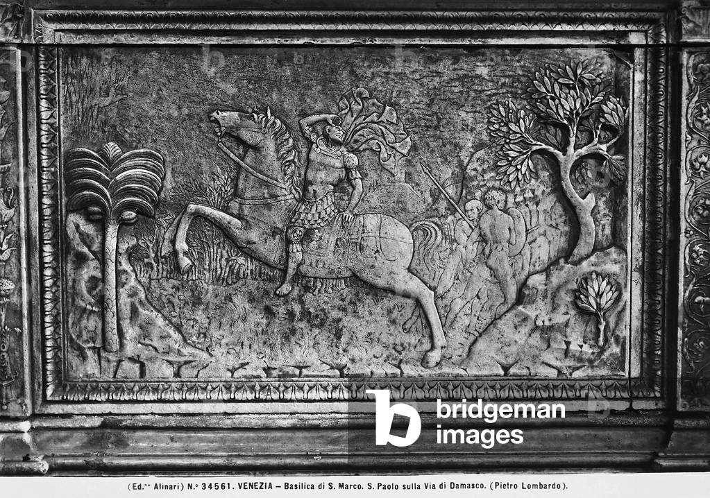 Marble frontal depicting the conversion of St. Paul on the way to Damascus, attributed to Pietro Lombardo and located in the left transept of St. Mark's Basilica in Venice