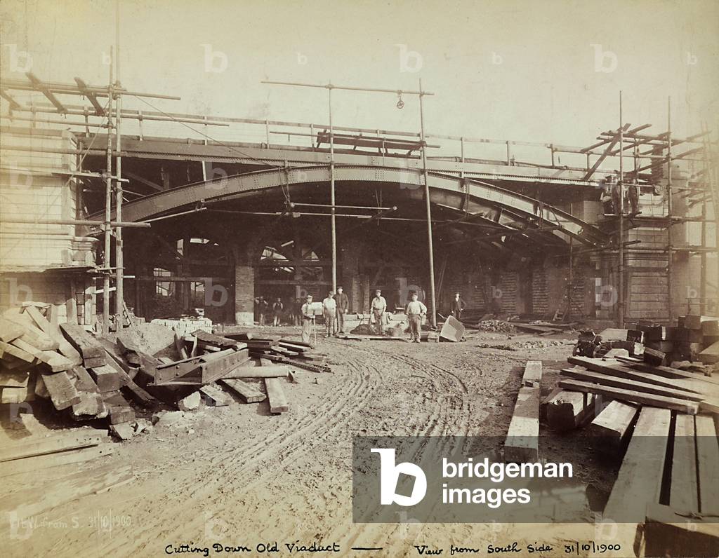 The destruction of the old viaduct near Tower Bridge, London
