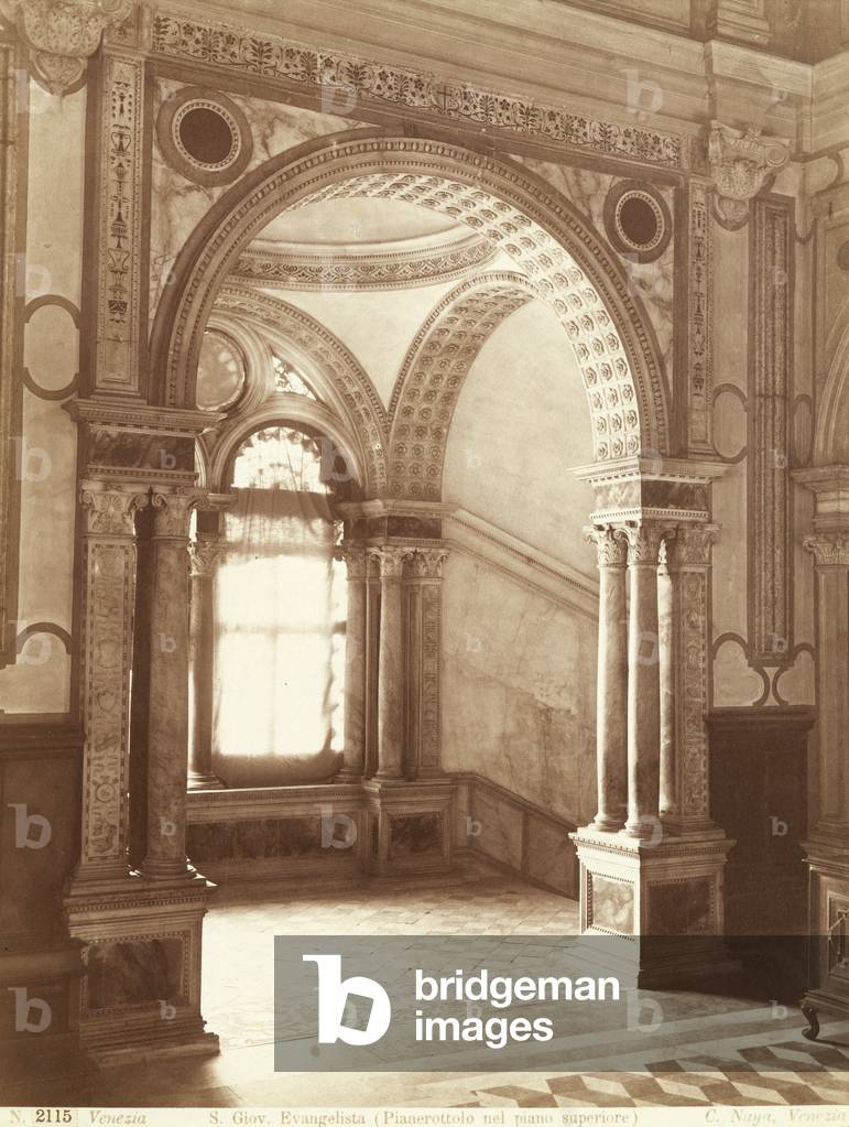 First floor landing of the Scuola Grande di San Giovanni Evangelista, in Venice, taken from the hall through the arch springs from columns and coupled piers