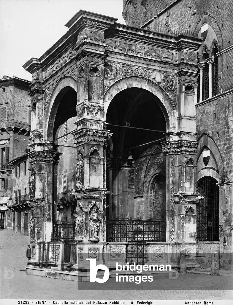 The Cappella di Piazza, designed by Domenico di Agostino and located underneath the Torre del Mangia, in Piazza del Campo, Siena