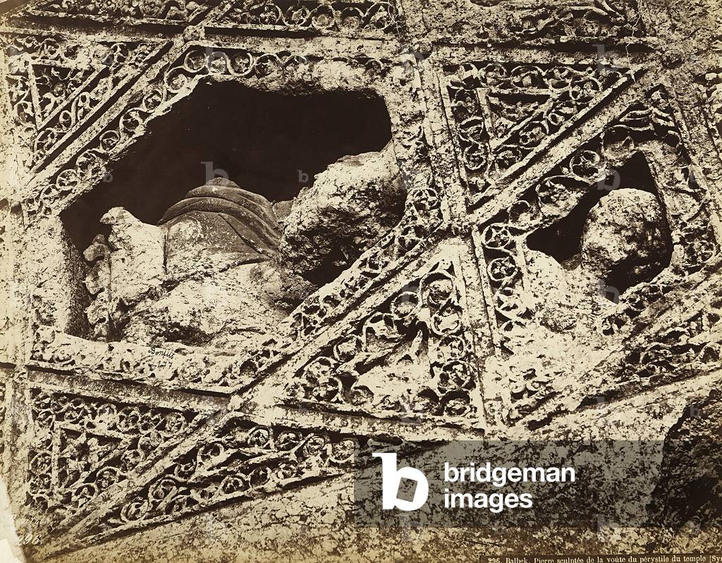 Detail of the sculptural decoration in a temple, in the archeological zone of Heliopolis or Baalbek, ancient Syrian city, now Lebanon