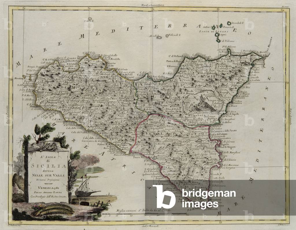 Island of Sicily, divided into its valleys, engraving by G. Zuliani taken from Tome II of the 