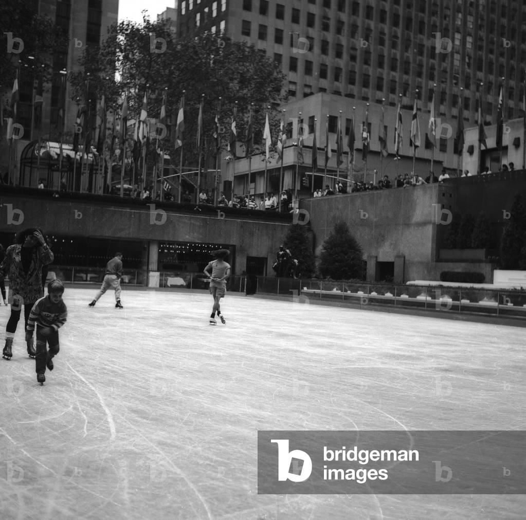 Ice rink at Rockefeller Center in Manhattan, New York City (b/w photo)