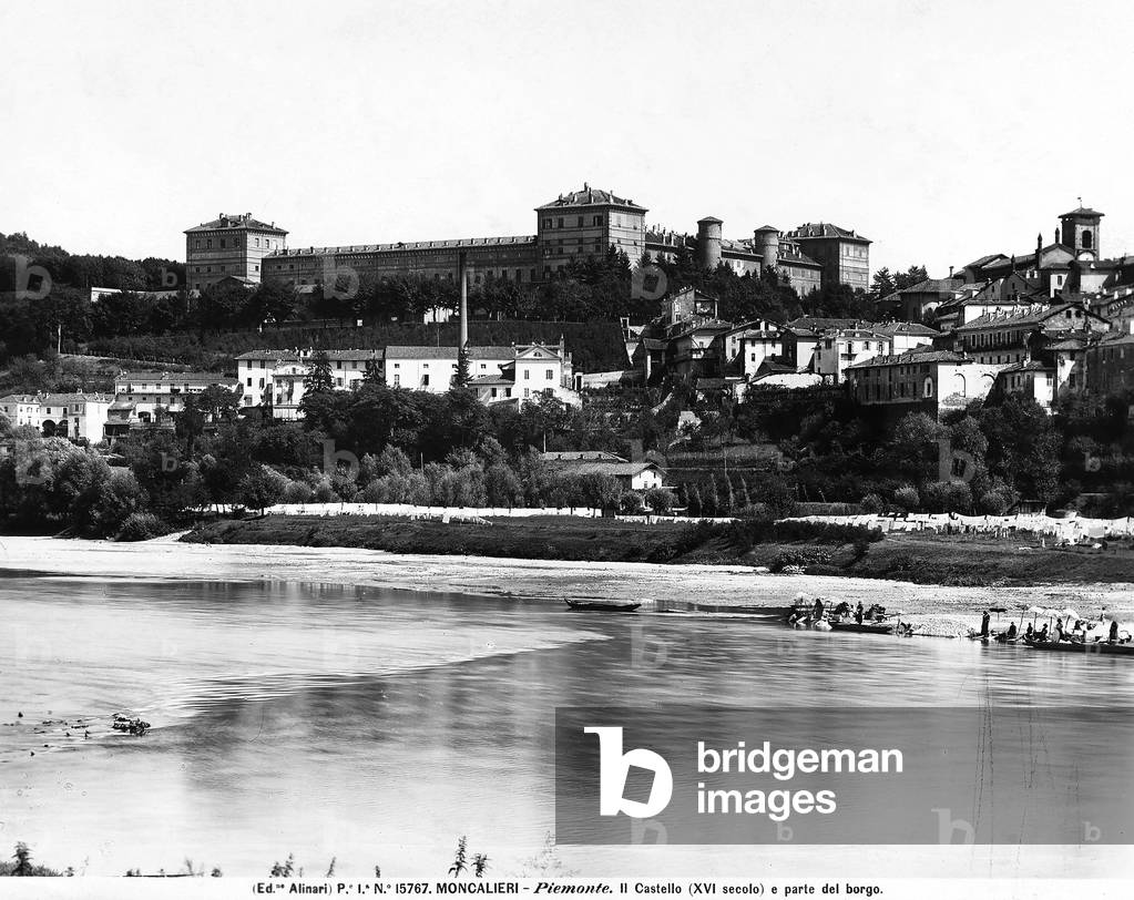 View of the royal palace of Moncalieri, of the village and the River Po.