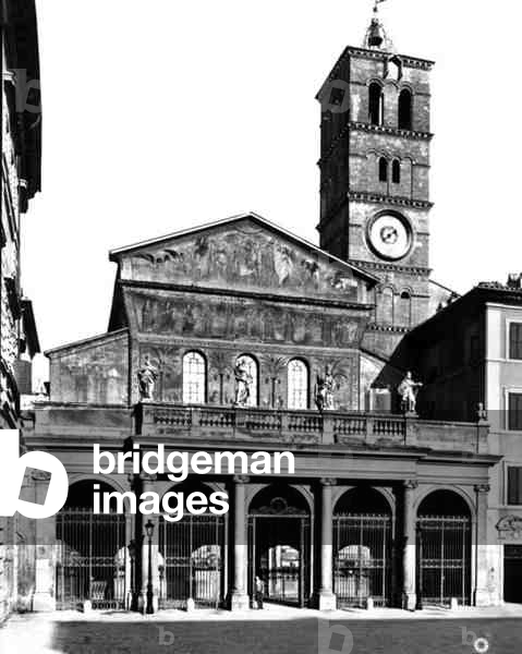 View of the facade of Santa Maria in Trastevere, Rome, Italy (b/w photo)