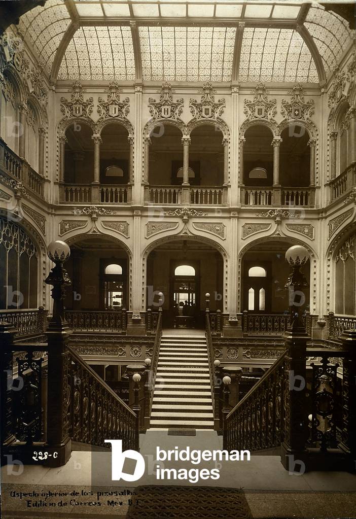 The interior of the Post Office Building in Mexico City, designed by the Italian architect Adamo Boari