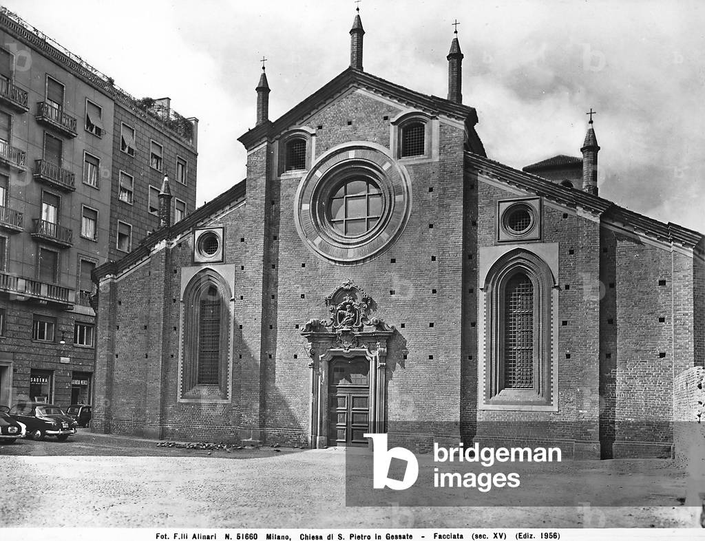 The façade of the Church of San Pietro in Gessate. Architectural work designed by Diego Brioschi located in Milan.