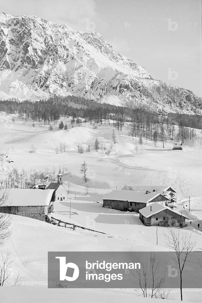 View of snowy mountain houses, Cortina d'Ampezzo