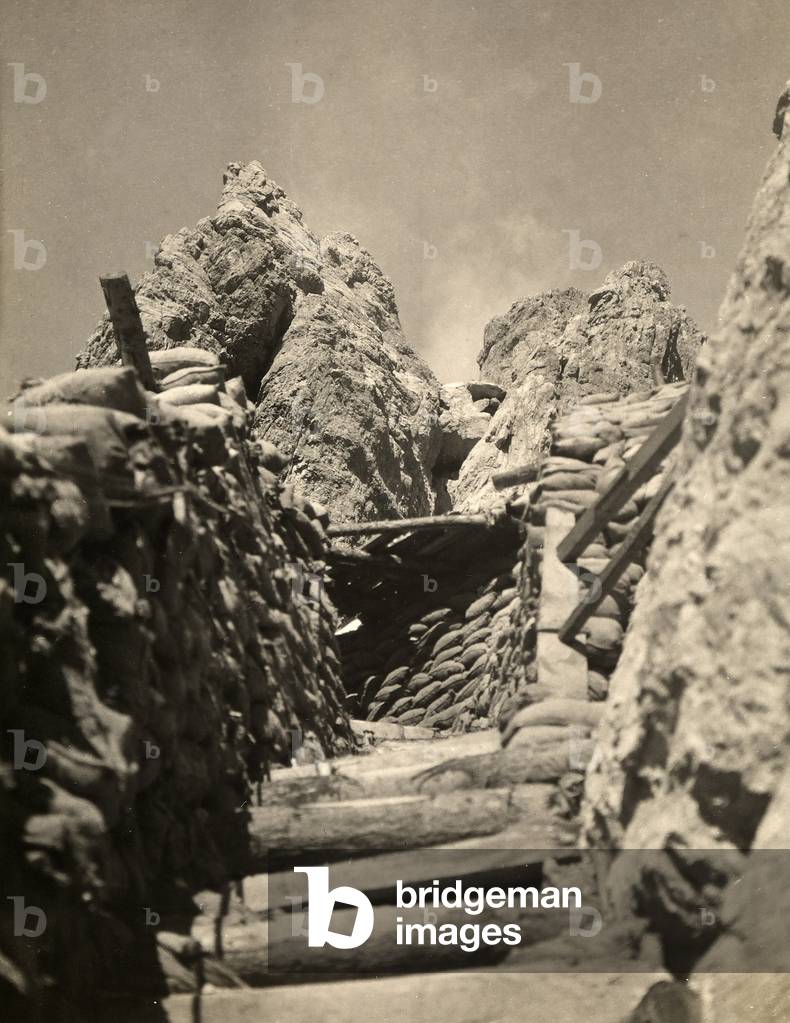 A communication trench of WWI, on the outskirts of Cortina D'Ampezzo, Belluno, Italy (b/w photo)