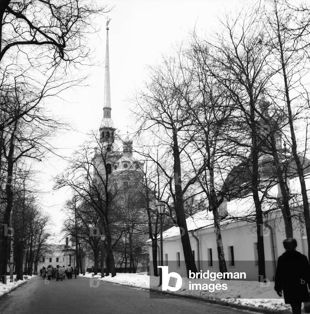 Snowy street in St. Petersburg (b/w photo)