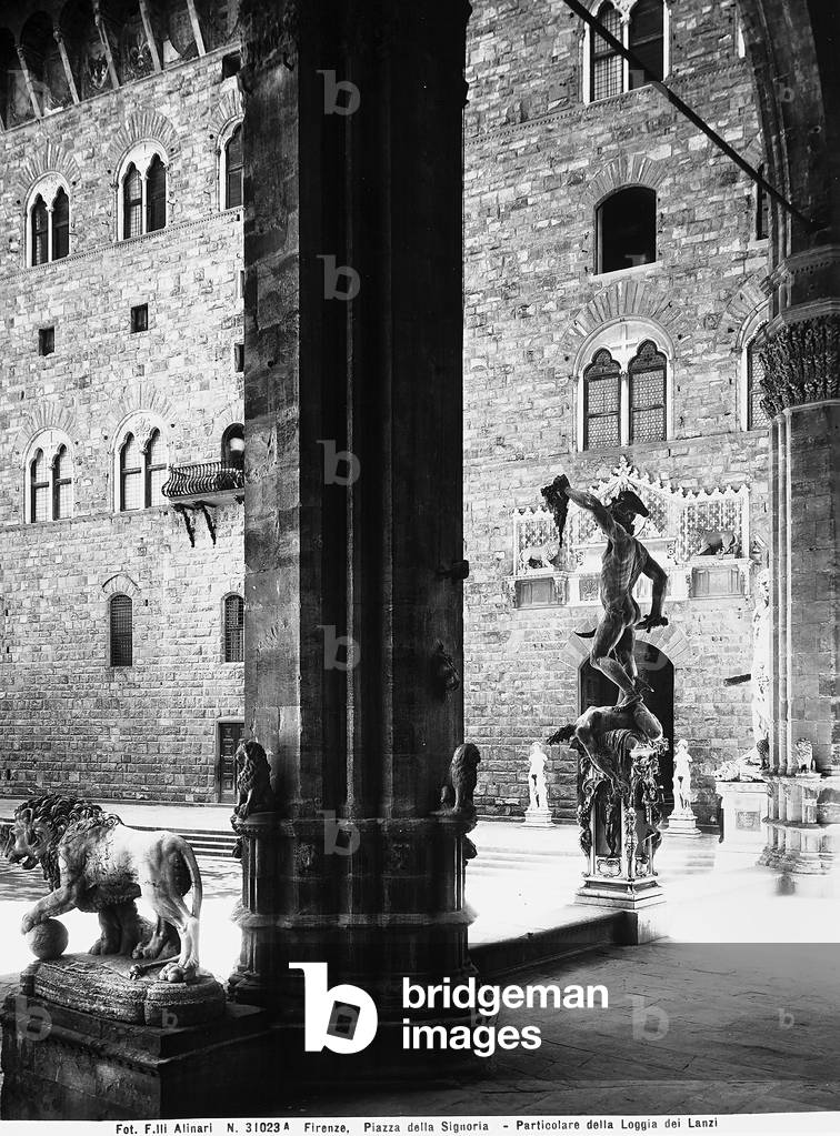 View of the Palazzo Vecchio or Palazzo della Signoria from the Loggia dei Lanzi, Florence. The statue of the Marzocco and Benvenuto Cellini's Perseus are visible