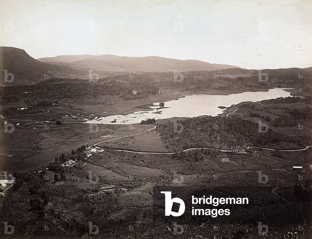 Panoramic view of a lake near Kandy, in Sri Lanka (ex Ceylon), c.1900 (b/w photo)