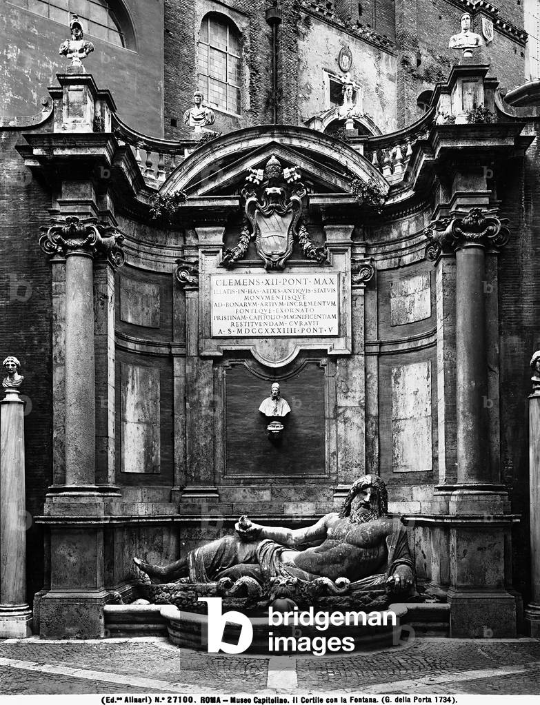 The Marforio fountain by Giacomo della Porta, in the court-yard of the Palace of the Capitolian Museum, in Rome, in Lazio. The statue is of ancient origin