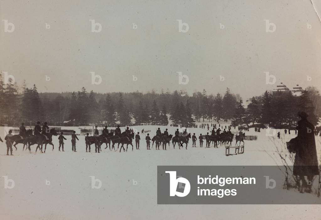 Stockholm Winter Games, foot soldiers of the Swedish army, on skis, are pulled by other soldiers on horseback