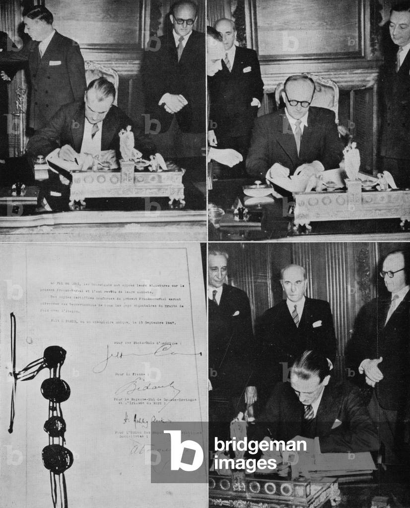 The ratification of the Treaty of Peace between Italy and the Allied powers at the Quai d'Orsay (Foreign Ministry) of Paris signed by Jefferson Caffery (U.S.), Alexandre Bogomolov (USSR), Ashley Clarke (Britain), photographs taken from the magazine 