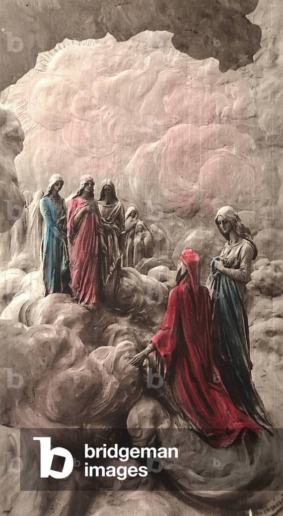 Dante and Beatrice witness the apparition of a few spirits desiring to speak. These are the souls of those who did not carry out their religious vows. Sculpture by Mastroianni depicting an episode from the Canto III in the Paradiso of The Divine Comedy.