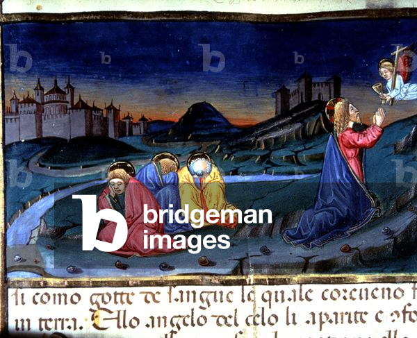 Fol.104r Having prayed on the Mount of Olives an angel arrives to comfort Christ (vellum)