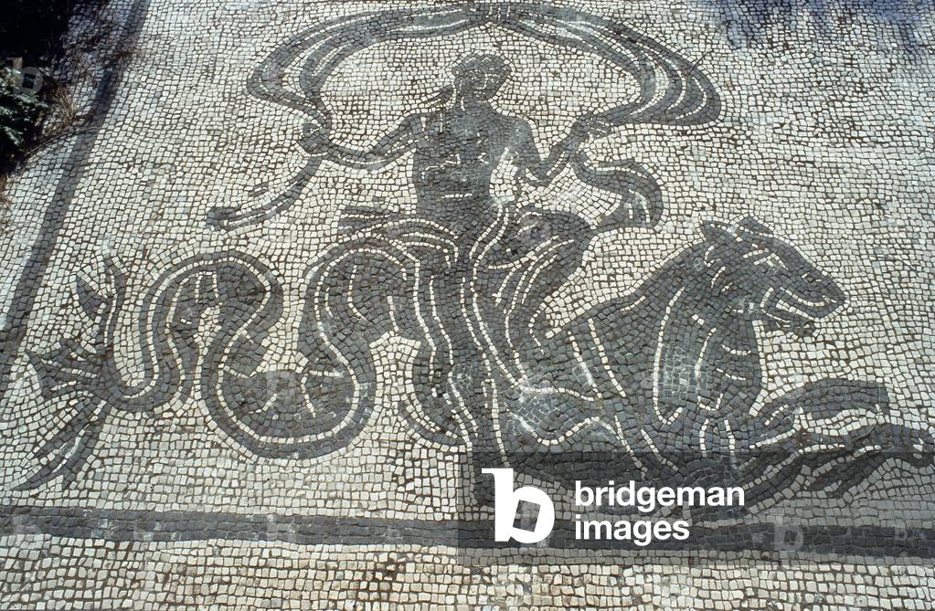 Detail of the floor mosaics in the Square of the Corporations, at the ancient Ostia archeological site, in the province of Rome