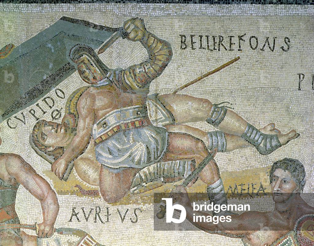 Battle between Gladiators, detail of a gladiator pinning another to the ground, 320 AD (mosaic)