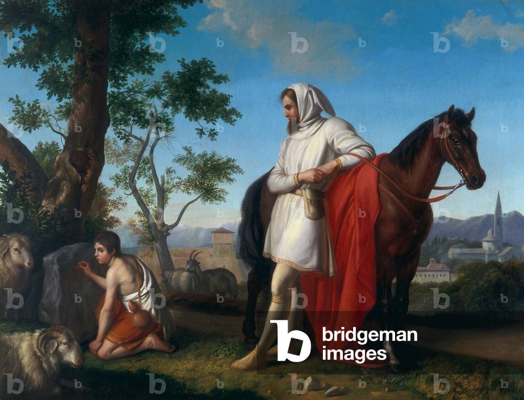 Cimabue observing the young Giotto drawing a goat on a rock, 19th century (oil on canvas)